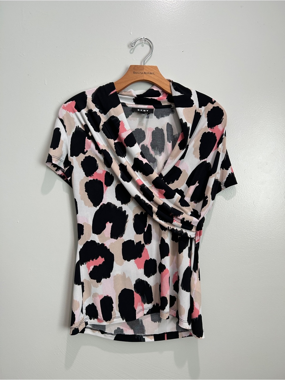 DKNY Pink, Black & Cream Abstract Crossover Top